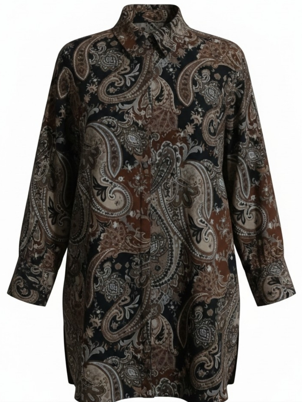 Susan Graver Womens Tunic Dress Black and Brown Paisley Button-Front Size L